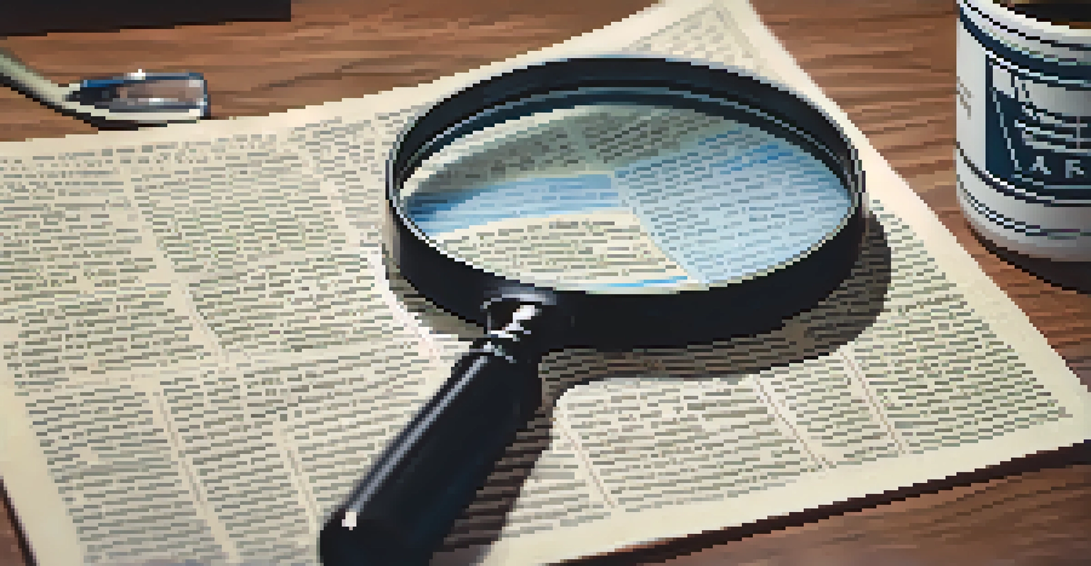 A close-up of hands holding a magnifying glass over an article, with a cluttered desk in the background.