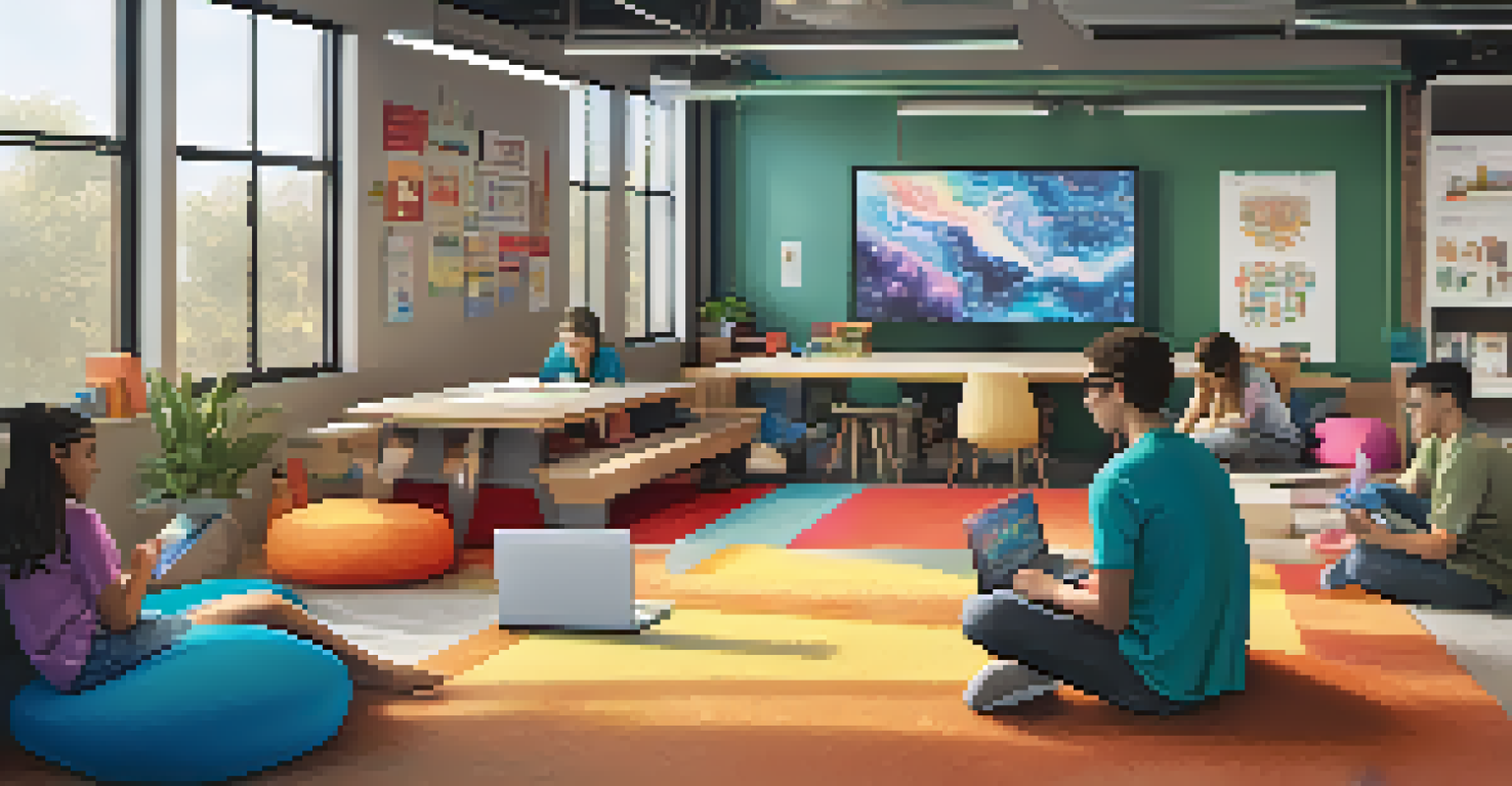 A comfortable area in a makerspace with students brainstorming and a laptop showing design software.