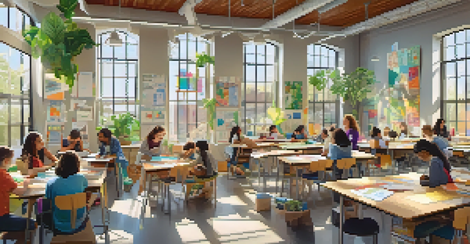 A classroom where students work together on an eco-friendly architecture project, surrounded by colorful materials and sunlight.