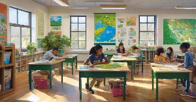 A diverse group of students working together in a bright classroom, focusing on sustainability projects with plants and recycled materials.