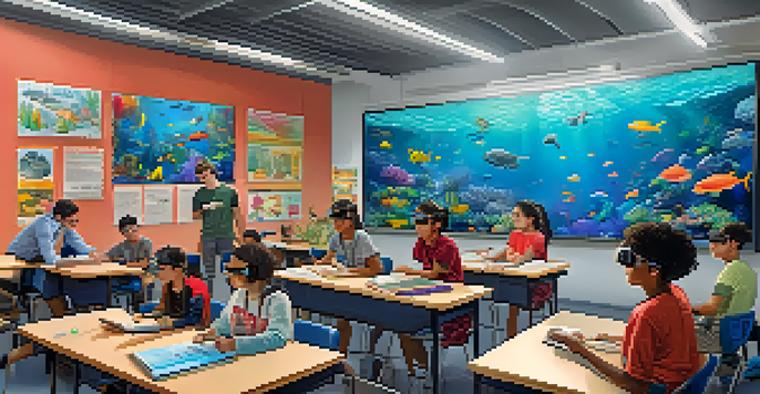 A classroom with diverse students using virtual reality headsets to explore an underwater world, with a teacher facilitating the experience.