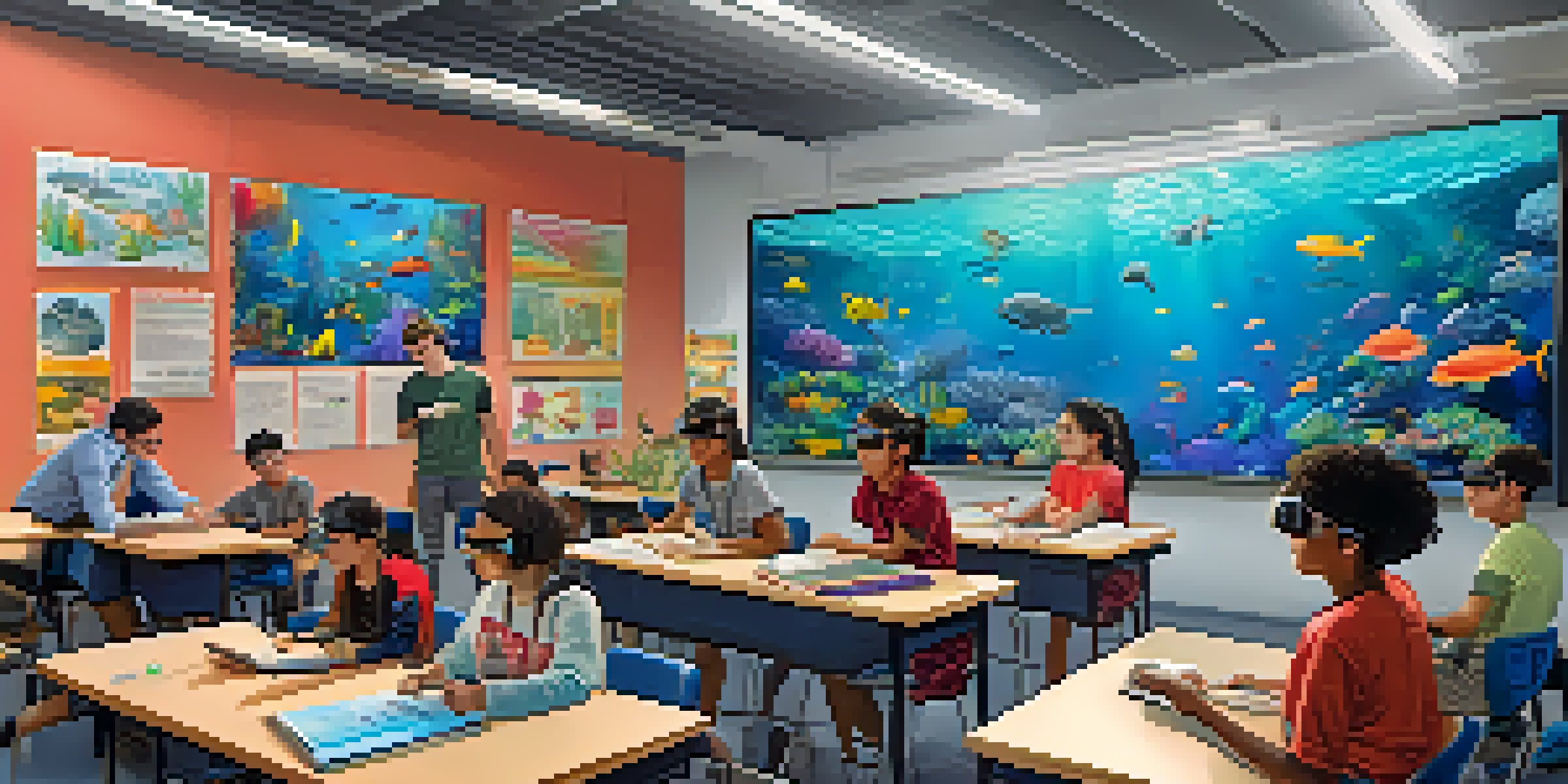 A classroom with diverse students using virtual reality headsets to explore an underwater world, with a teacher facilitating the experience.