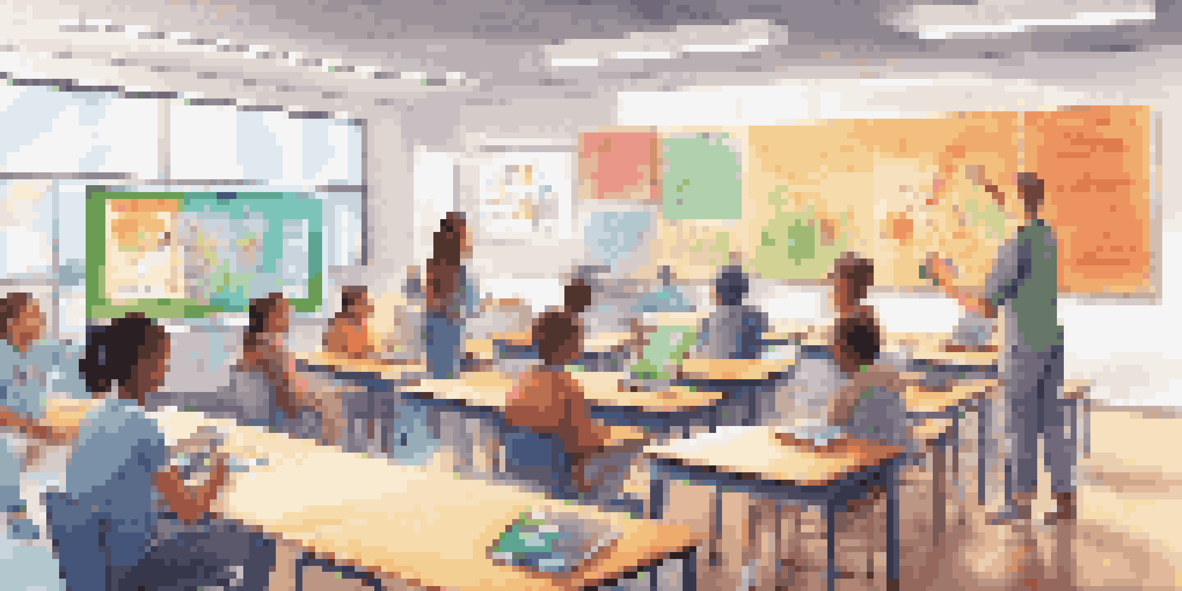 A classroom with students using digital devices and a teacher at a digital whiteboard, surrounded by educational posters and natural light.