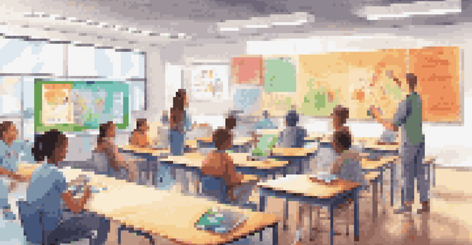 A classroom with students using digital devices and a teacher at a digital whiteboard, surrounded by educational posters and natural light.