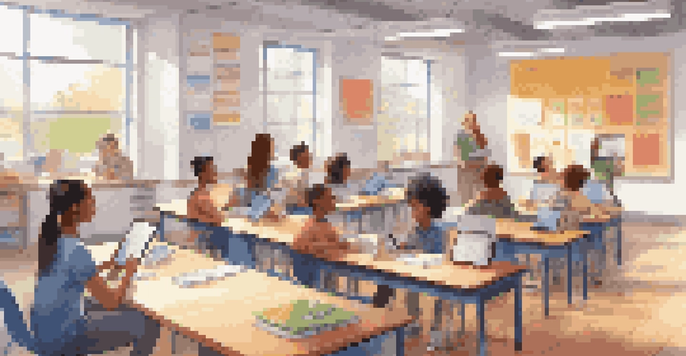 A modern classroom with diverse students using tablets and laptops for digital assessments, with a teacher guiding them in a bright environment.