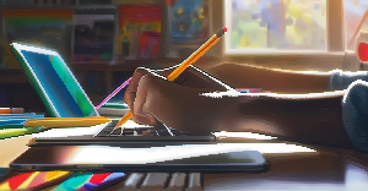 Close-up of a student's hands typing on a laptop surrounded by school supplies and a smartphone showing a learning app, illuminated by sunlight.