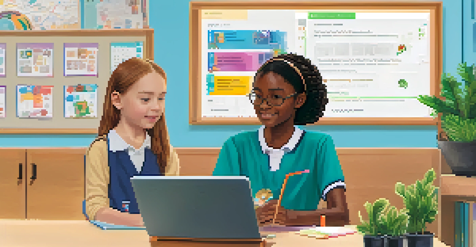 A teacher assisting a student with an AI feedback tool on a laptop in a vibrant classroom.