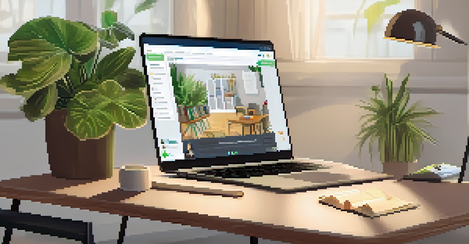 A modern virtual classroom with a laptop showing an online mental health support group, surrounded by motivational quotes and a plant.