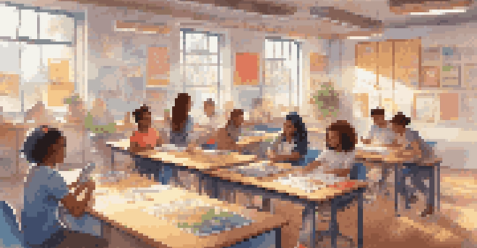 A diverse group of students collaborating in a colorful classroom filled with game-themed decorations, illuminated by soft sunlight.