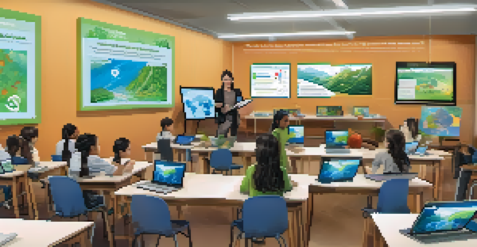 A teacher using technology to teach students about environmental sustainability in a vibrant classroom.