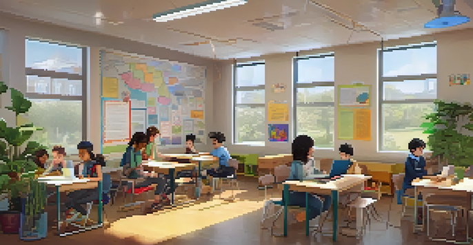 A vibrant classroom with students participating in personalized learning activities, including one on a laptop, one collaborating, and one reading.