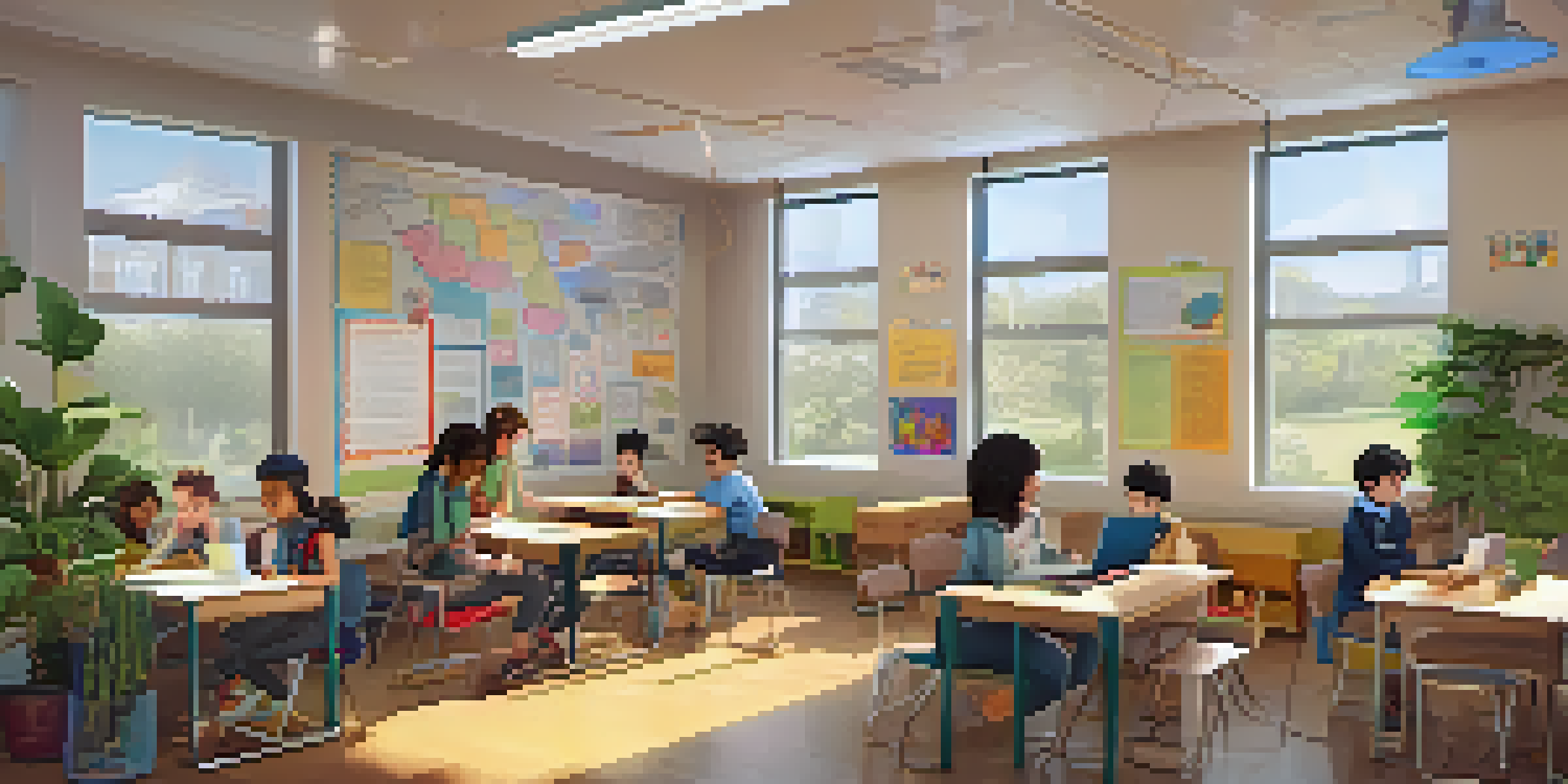 A vibrant classroom with students participating in personalized learning activities, including one on a laptop, one collaborating, and one reading.