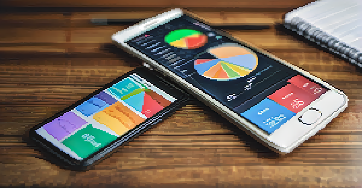 A close-up of a smartphone with a budgeting app open, showing colorful graphs on a wooden table.