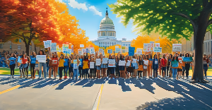 A diverse group of students protesting for climate justice, holding colorful signs under a sunny sky.