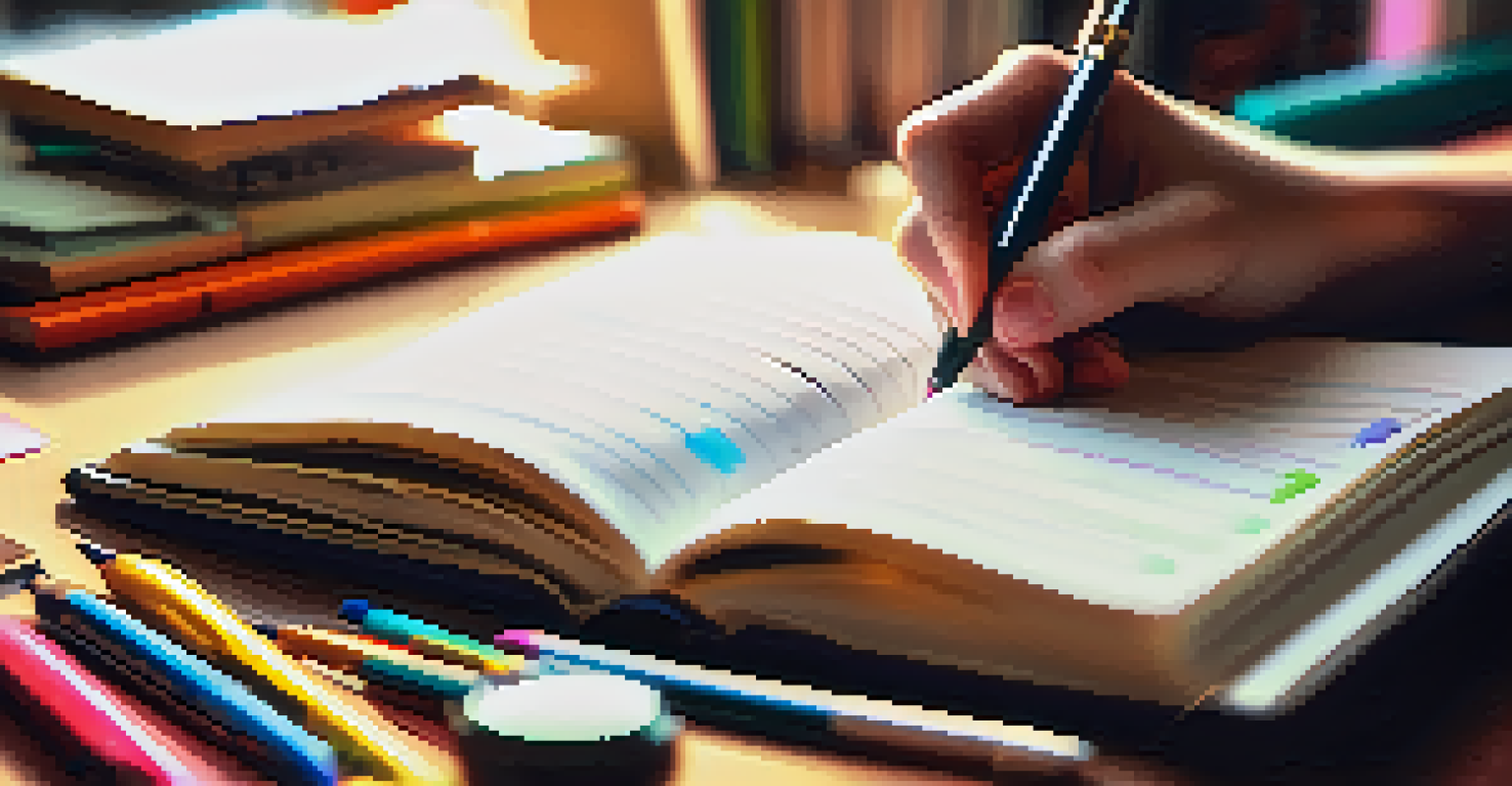 A close-up of a hand writing in a notebook, with study materials around, in a warm and inviting study nook.