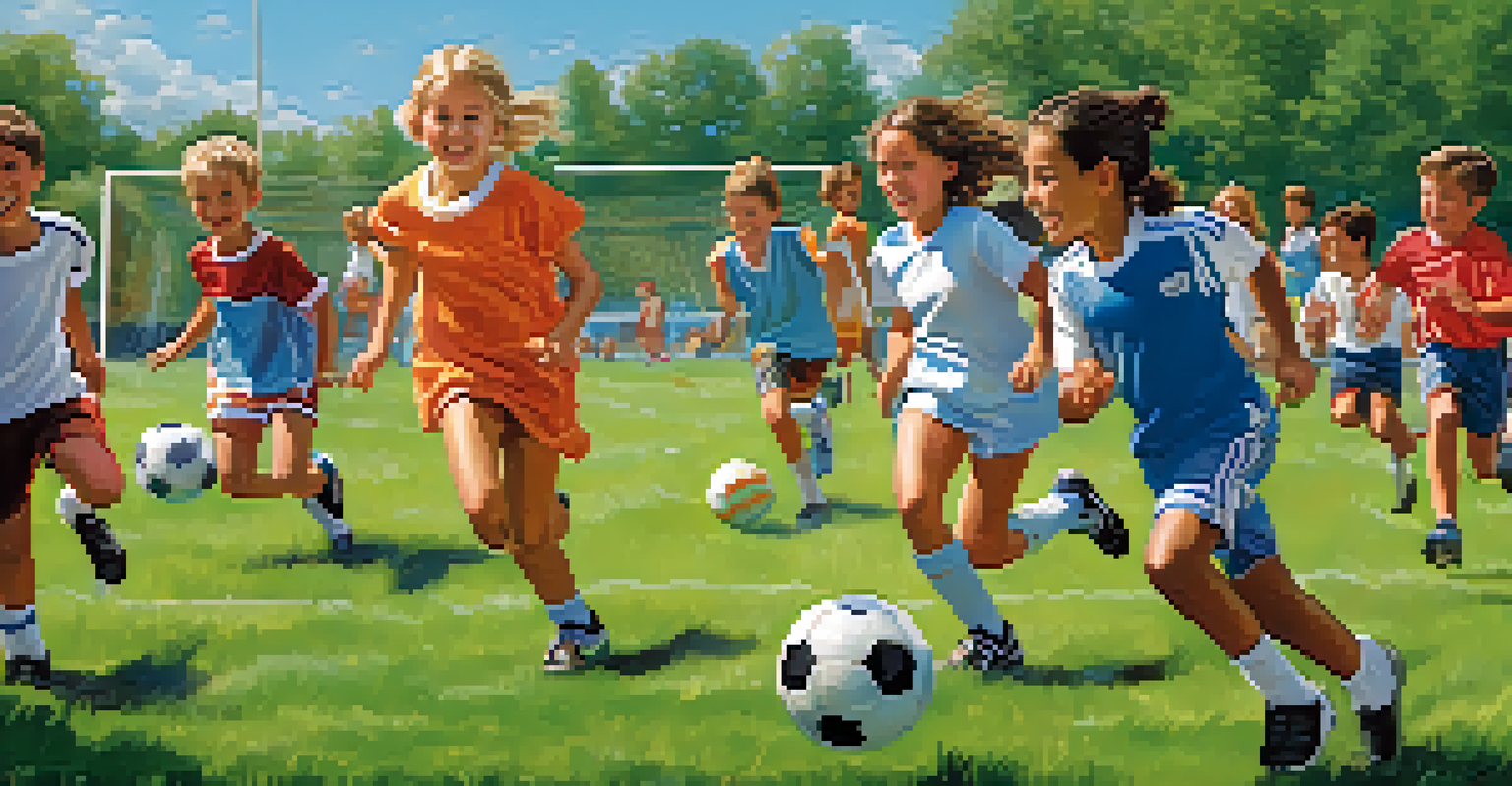 Children playing soccer on a grassy field, showcasing teamwork and excitement in a vibrant outdoor setting.