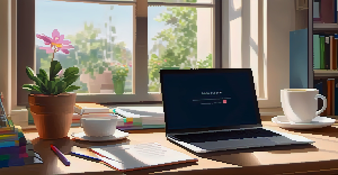 A tidy study desk with a laptop, open notebooks, colorful stationery, a potted plant, and a cup of tea, illuminated by soft natural light.