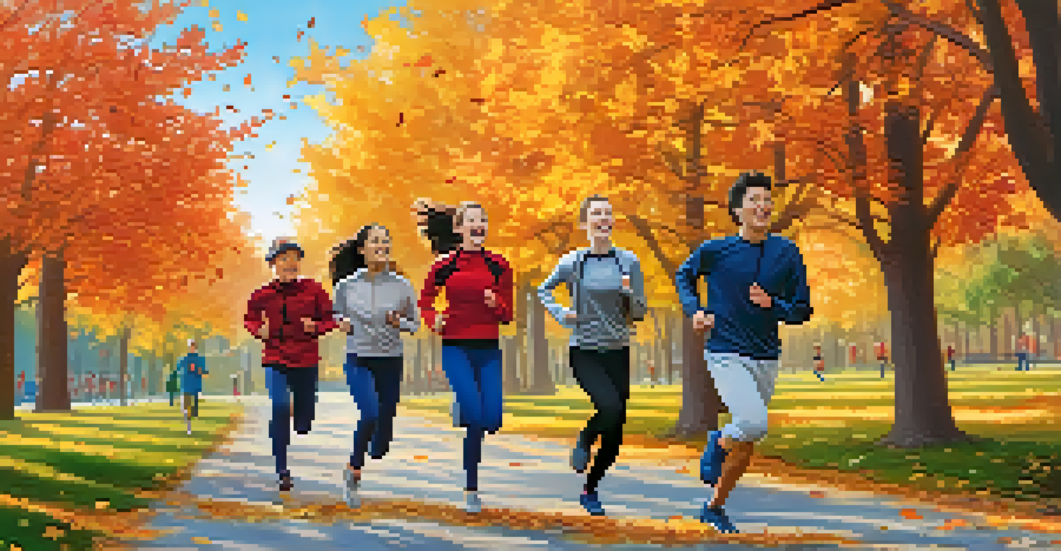 A group of students jogging in a park surrounded by autumn leaves, enjoying their time together.