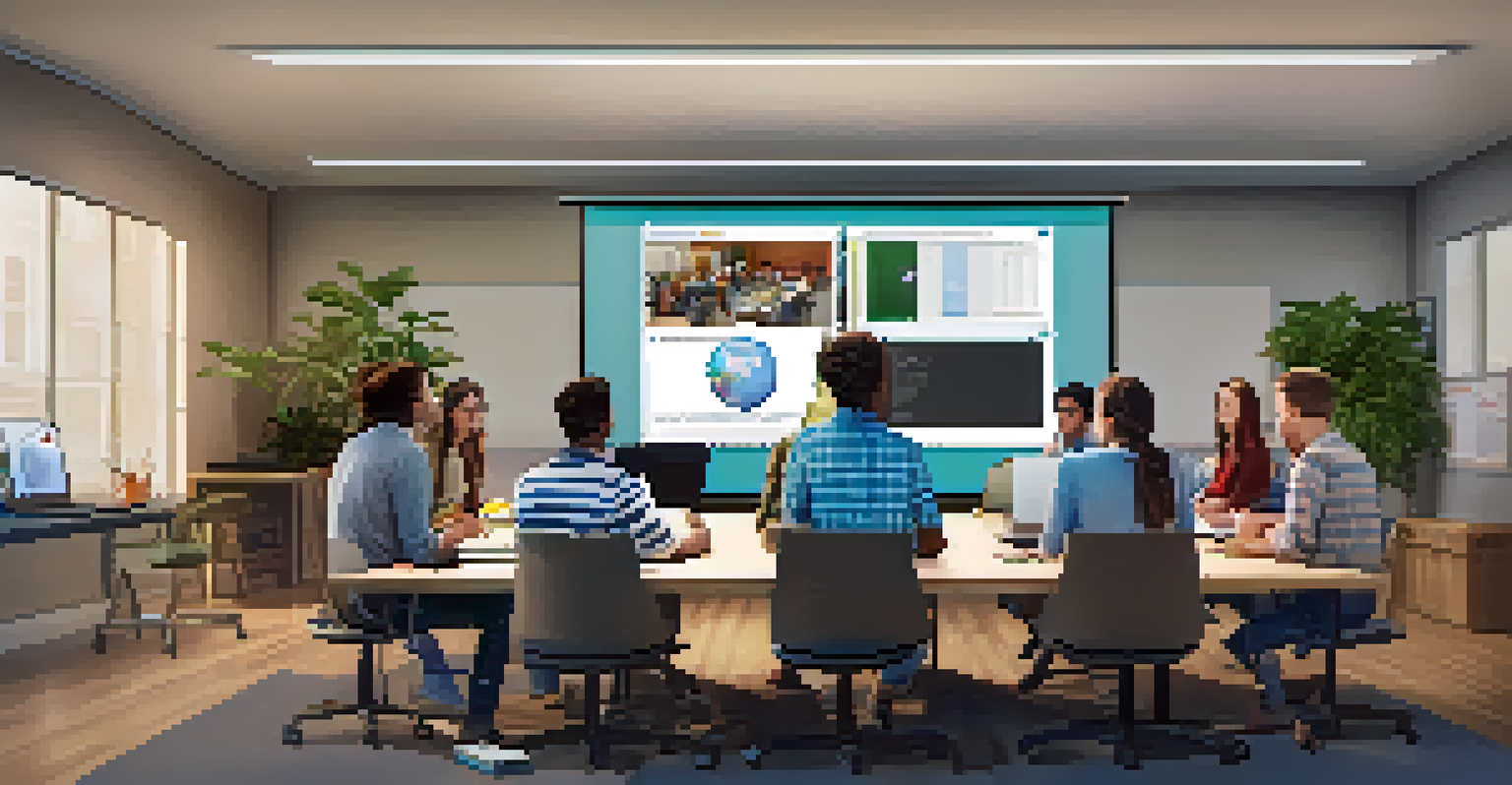 Students participating in a virtual collaboration session displayed on a large screen, surrounded by modern technology in a cozy classroom.