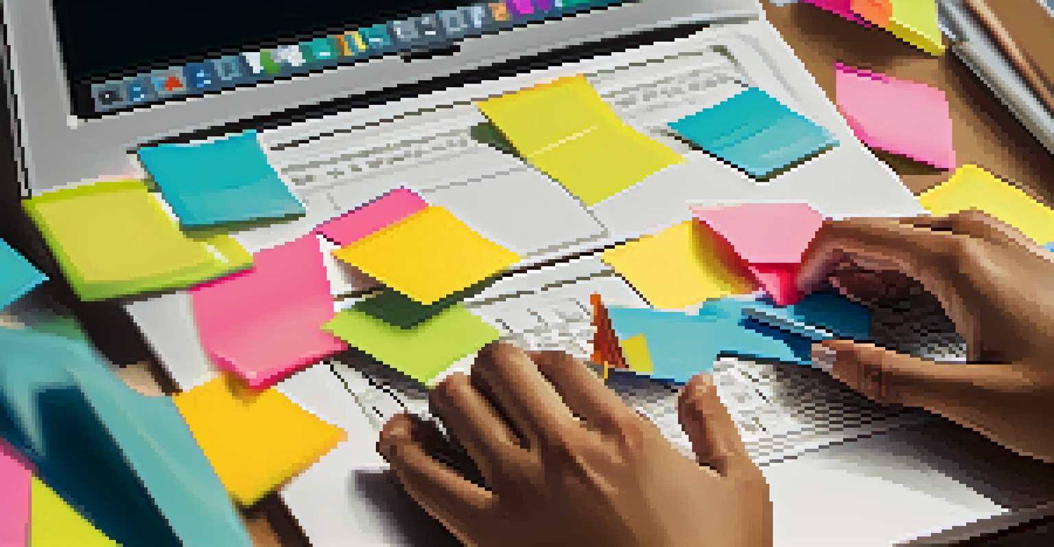 A close-up of a student's hands on a laptop, surrounded by colorful notes and a textbook, with classmates blurred in the background.