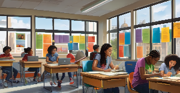A diverse classroom with students of different ethnicities and abilities working together on a project, illuminated by natural light.