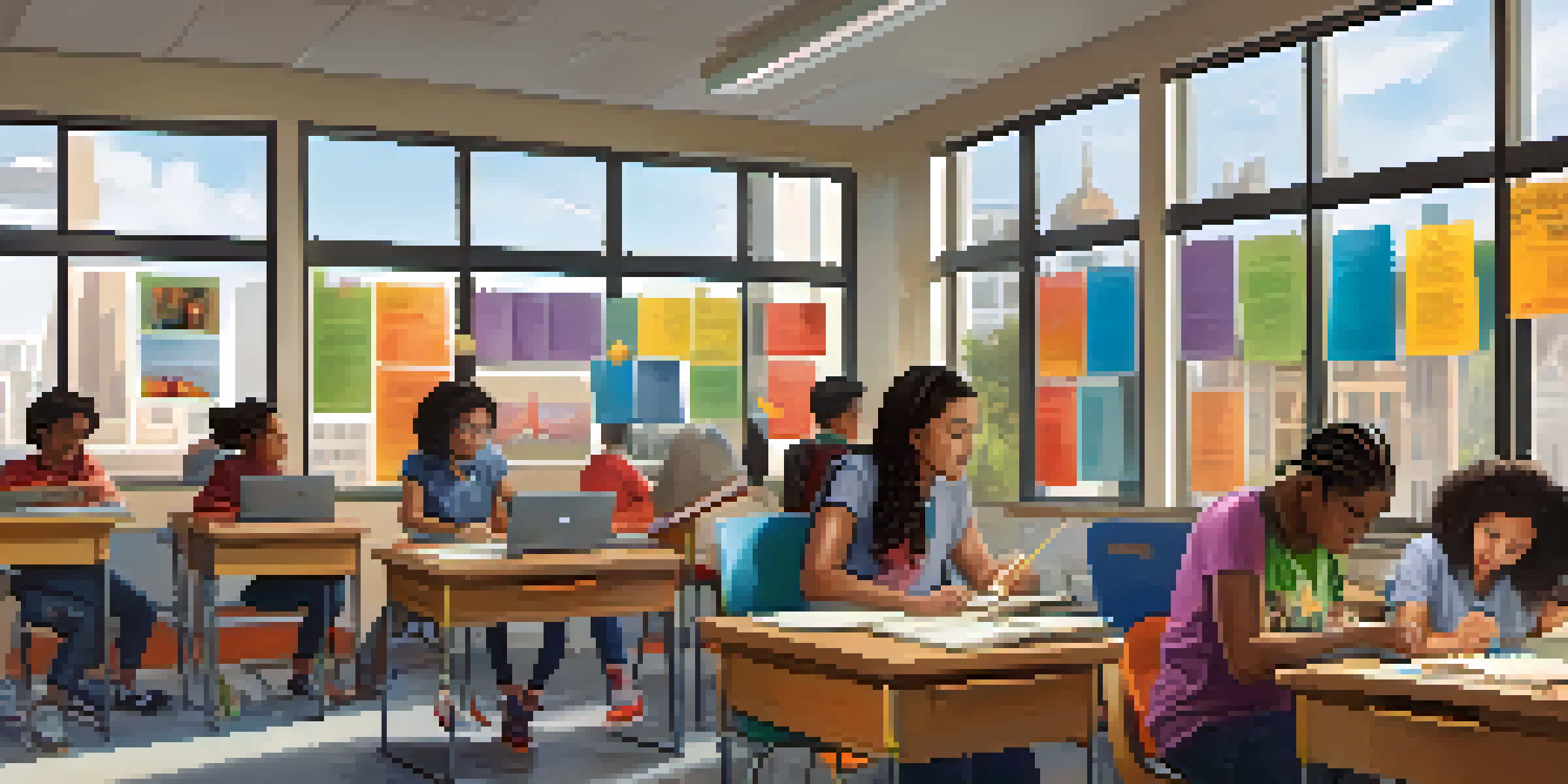 A diverse classroom with students of different ethnicities and abilities working together on a project, illuminated by natural light.