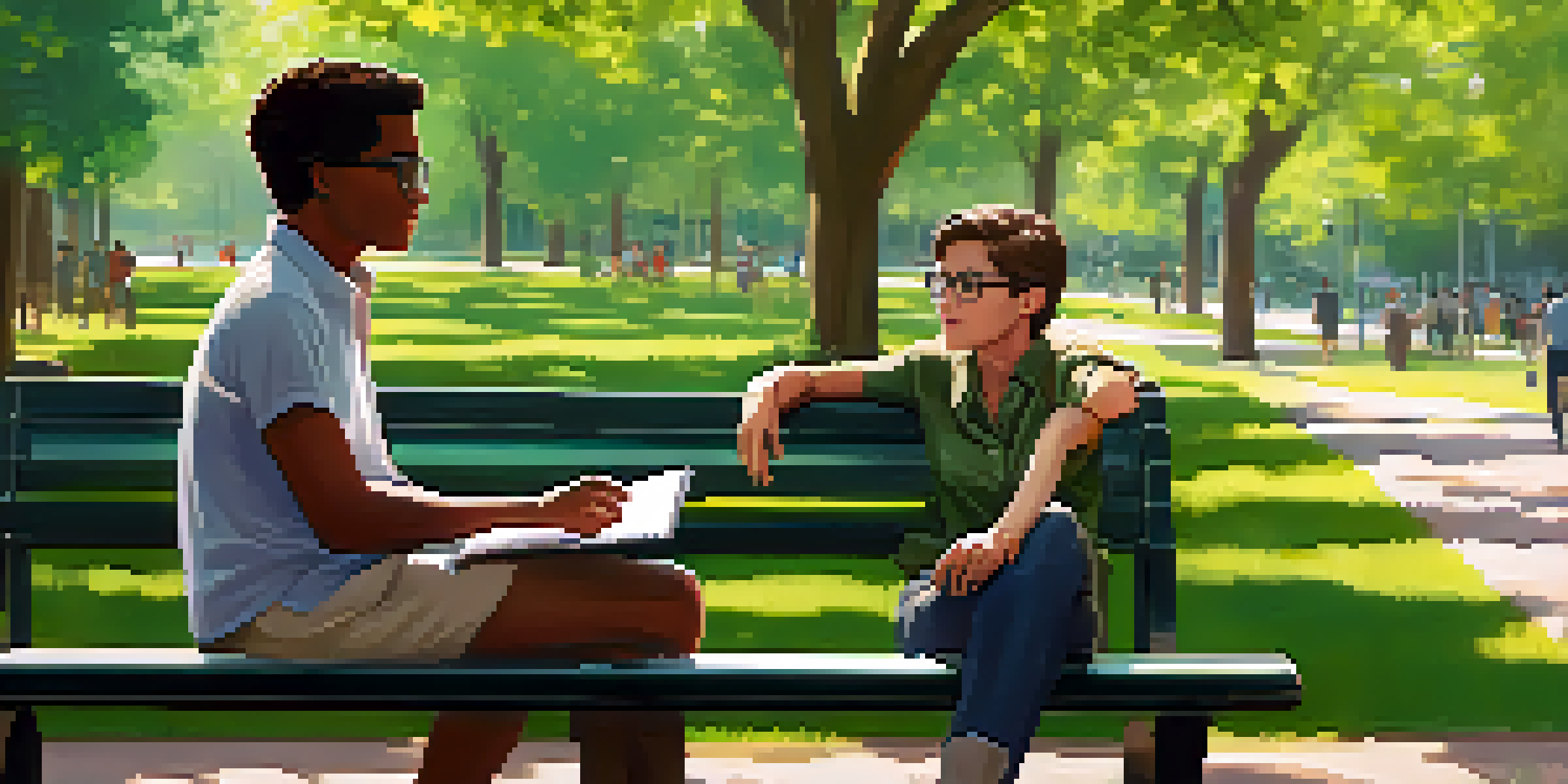 A mentor and mentee having a conversation on a park bench, with trees and flowers around them.