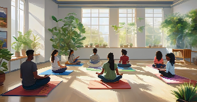 A serene classroom with students practicing mindfulness exercises, showcasing diversity and calm elements.