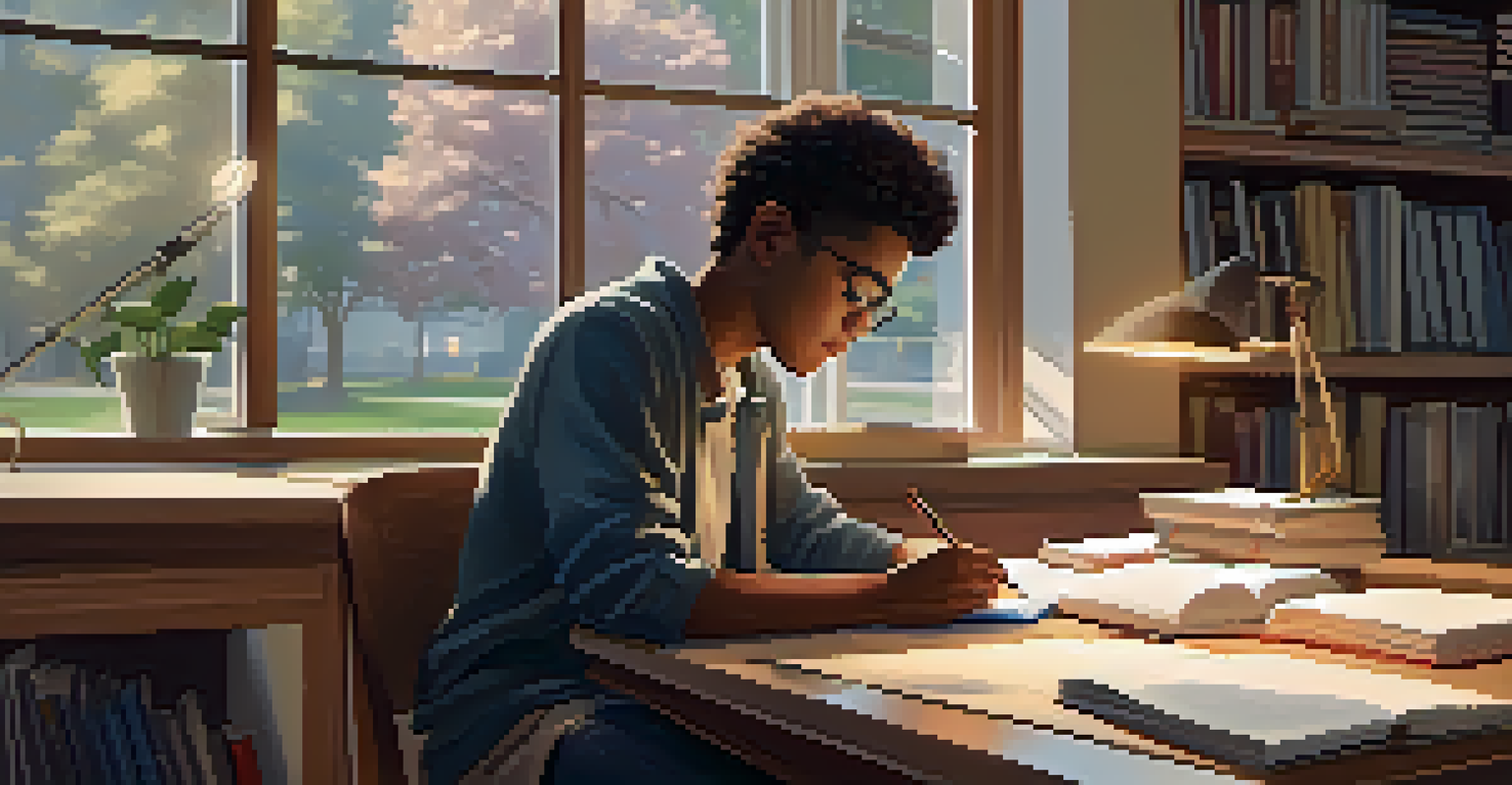 A student studying at a desk filled with books and notes, immersed in writing, with warm lighting and a peaceful outdoor view through a window.
