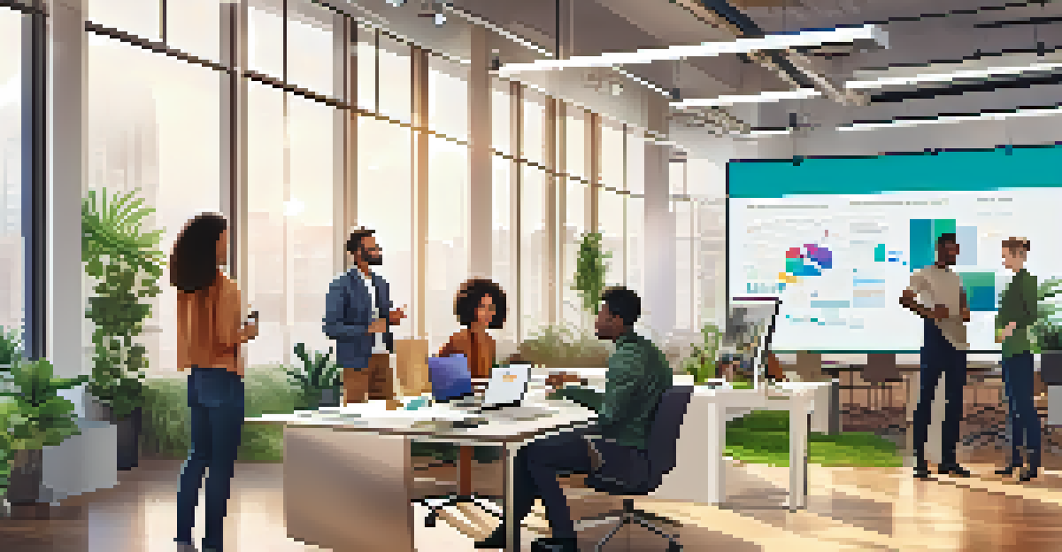 A diverse group of young professionals collaborating in an open office environment, focused on a digital project management screen.