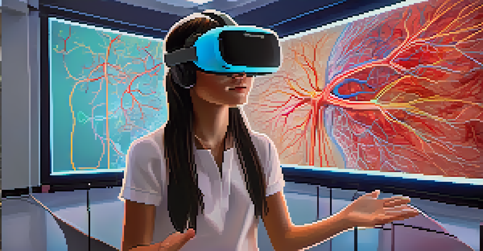 A student using a virtual reality headset to study the human circulatory system, surrounded by a tech-filled classroom.