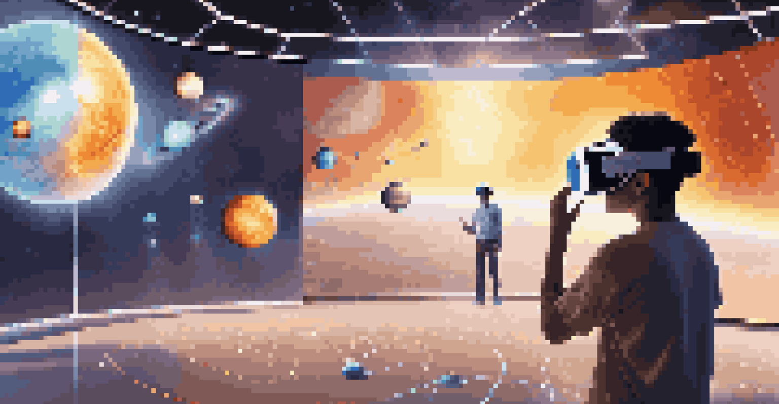 A student wearing a VR headset is exploring a 3D model of the solar system in a high-tech classroom, with planets and a sun vividly displayed.