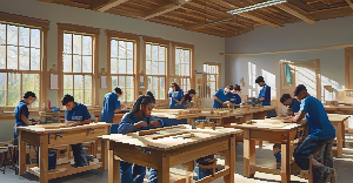 A diverse group of students in a carpentry classroom, working on wood projects with tools around them and sunlight illuminating the space.