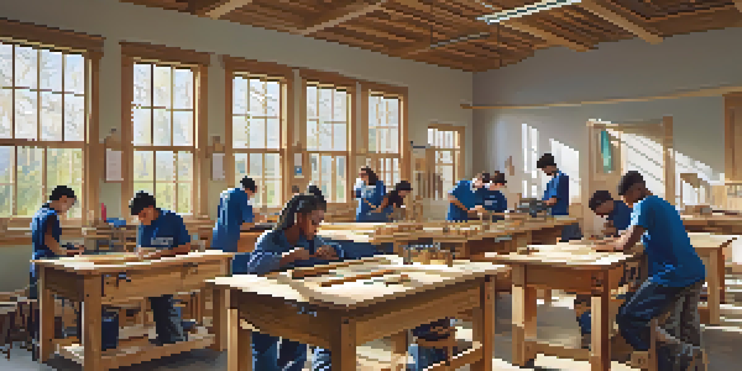 A diverse group of students in a carpentry classroom, working on wood projects with tools around them and sunlight illuminating the space.