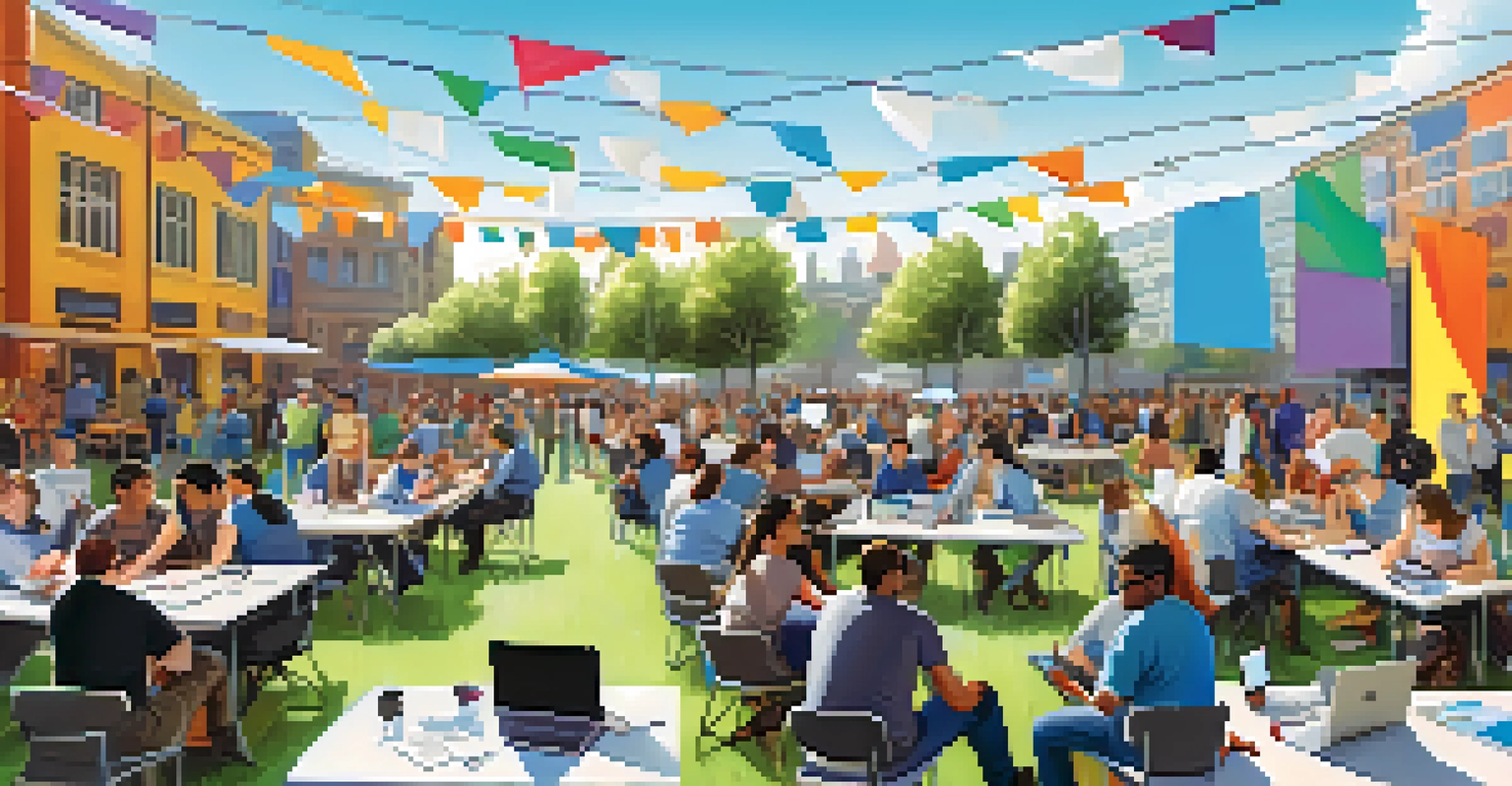 A lively outdoor hackathon with diverse teams collaborating on laptops, surrounded by colorful banners and a bright blue sky.