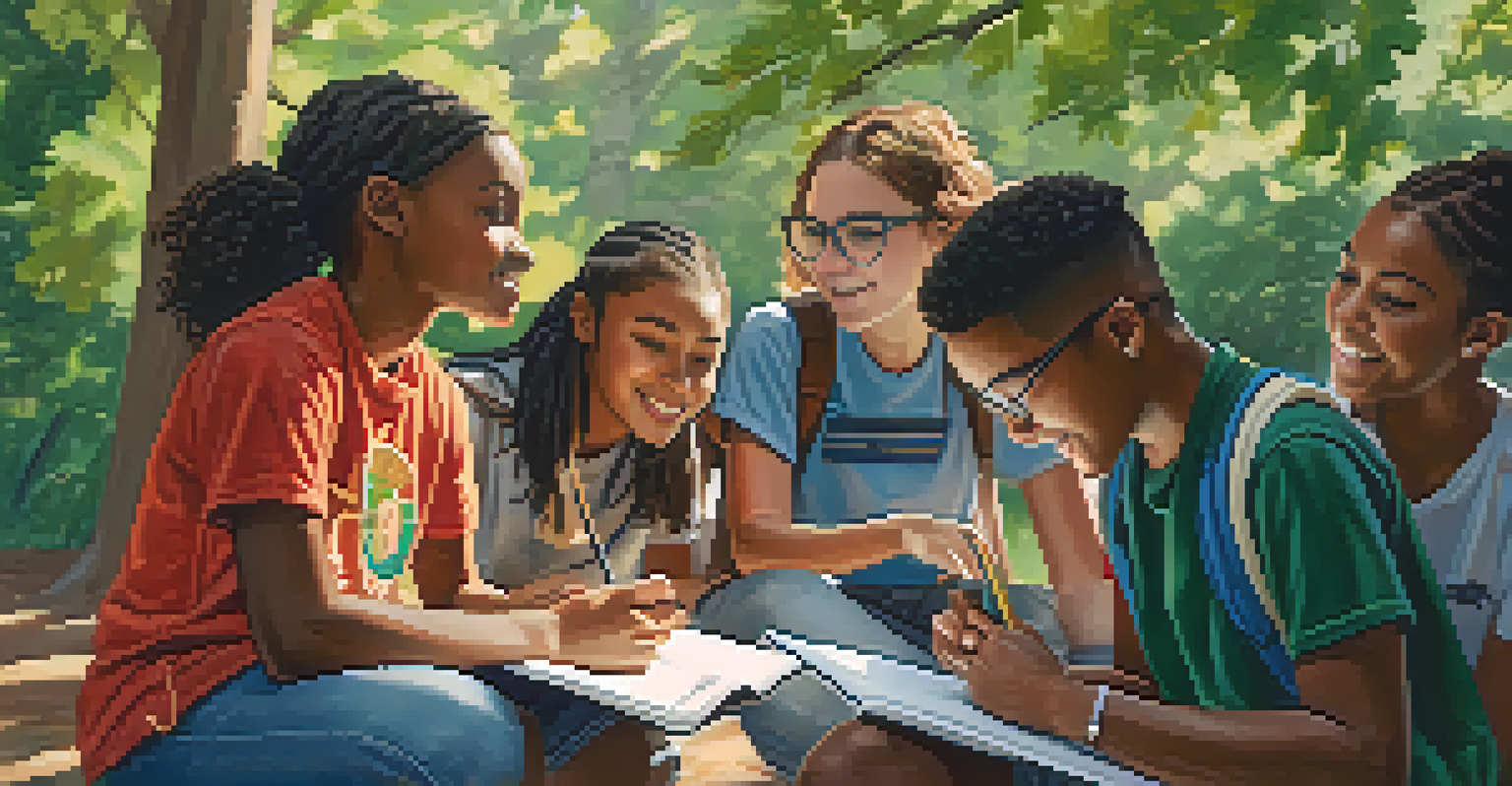 A diverse group of students outdoors, sitting in a circle, sharing ideas and reflecting, with notebooks in hand.