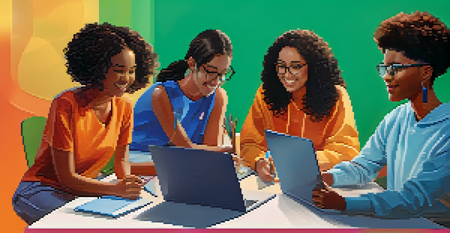 A diverse group of learners engaged in an online discussion, shown on video calls with colorful educational backgrounds.