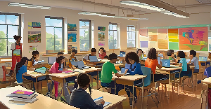 A vibrant classroom where diverse students collaborate on digital storytelling using laptops and tablets, surrounded by colorful educational posters.