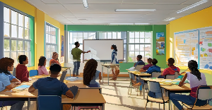 A diverse group of students in a well-lit classroom collaborating on a learning activity with a teacher present.