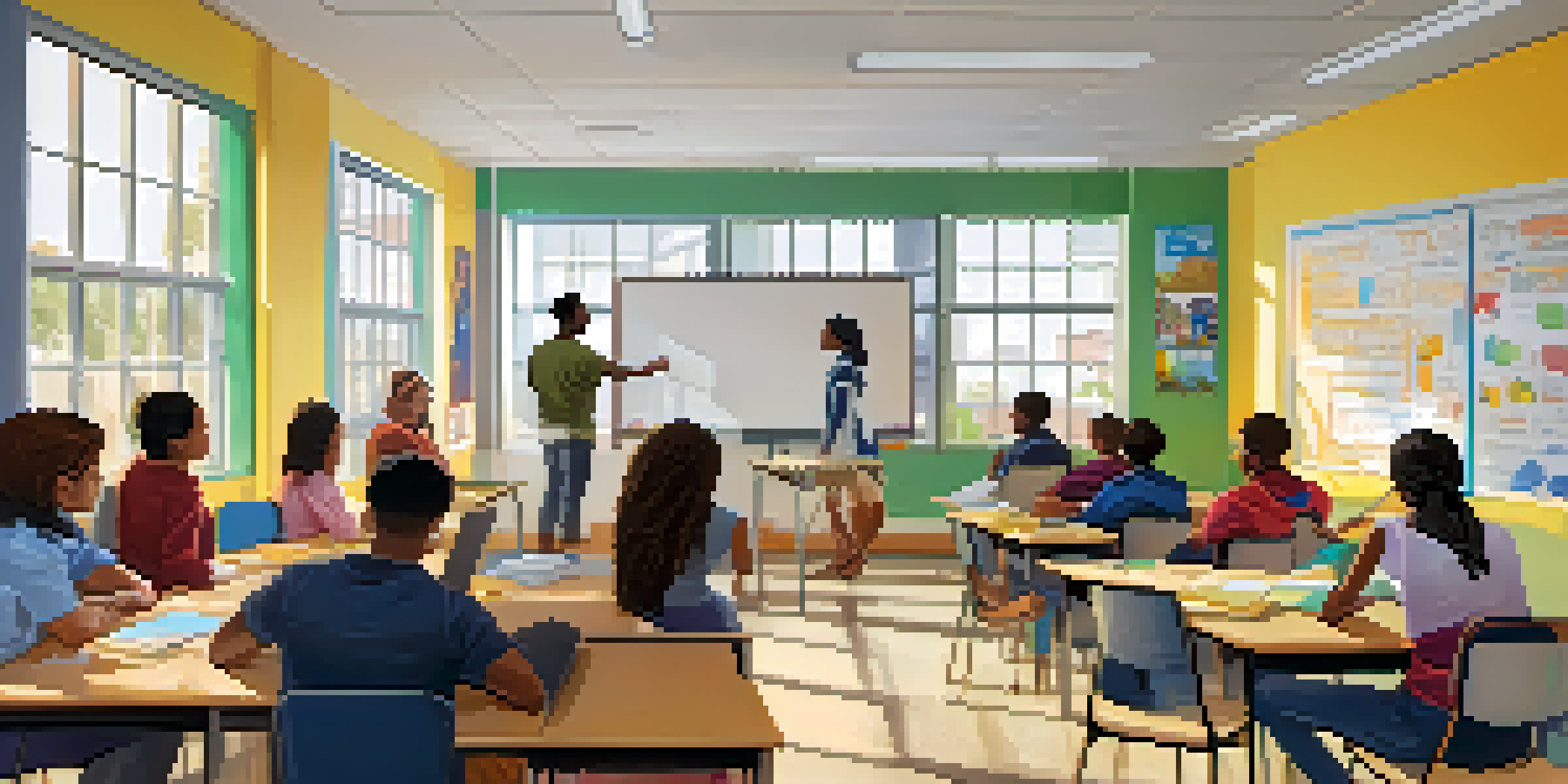 A diverse group of students in a well-lit classroom collaborating on a learning activity with a teacher present.
