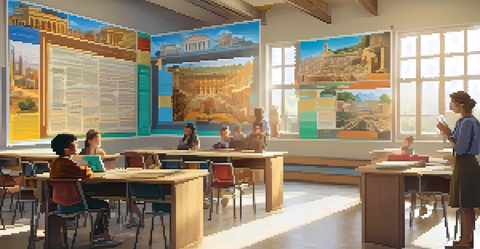 A teacher in a bright classroom using augmented reality to display 3D models of historical events, while captivated students observe.