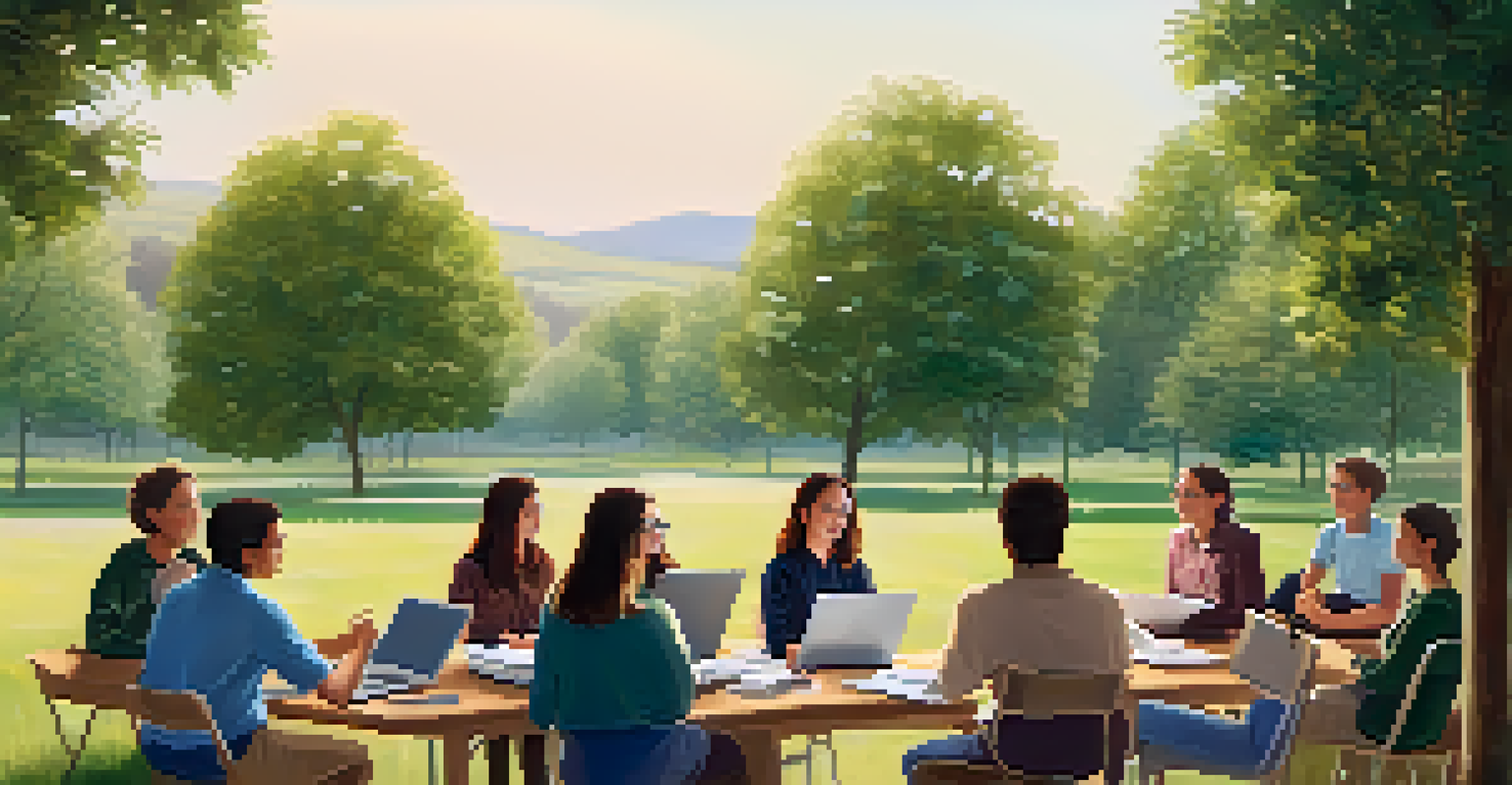 A teacher leading a workshop outdoors with educators discussing and using laptops.