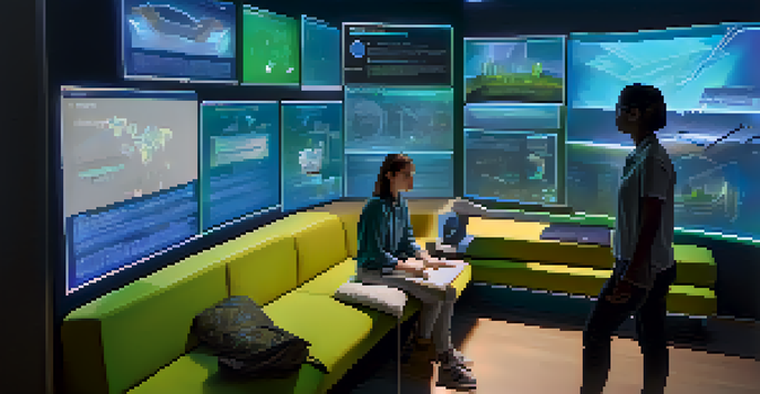 A focused student using an AI learning platform with holographic educational content in a bright, modern classroom.