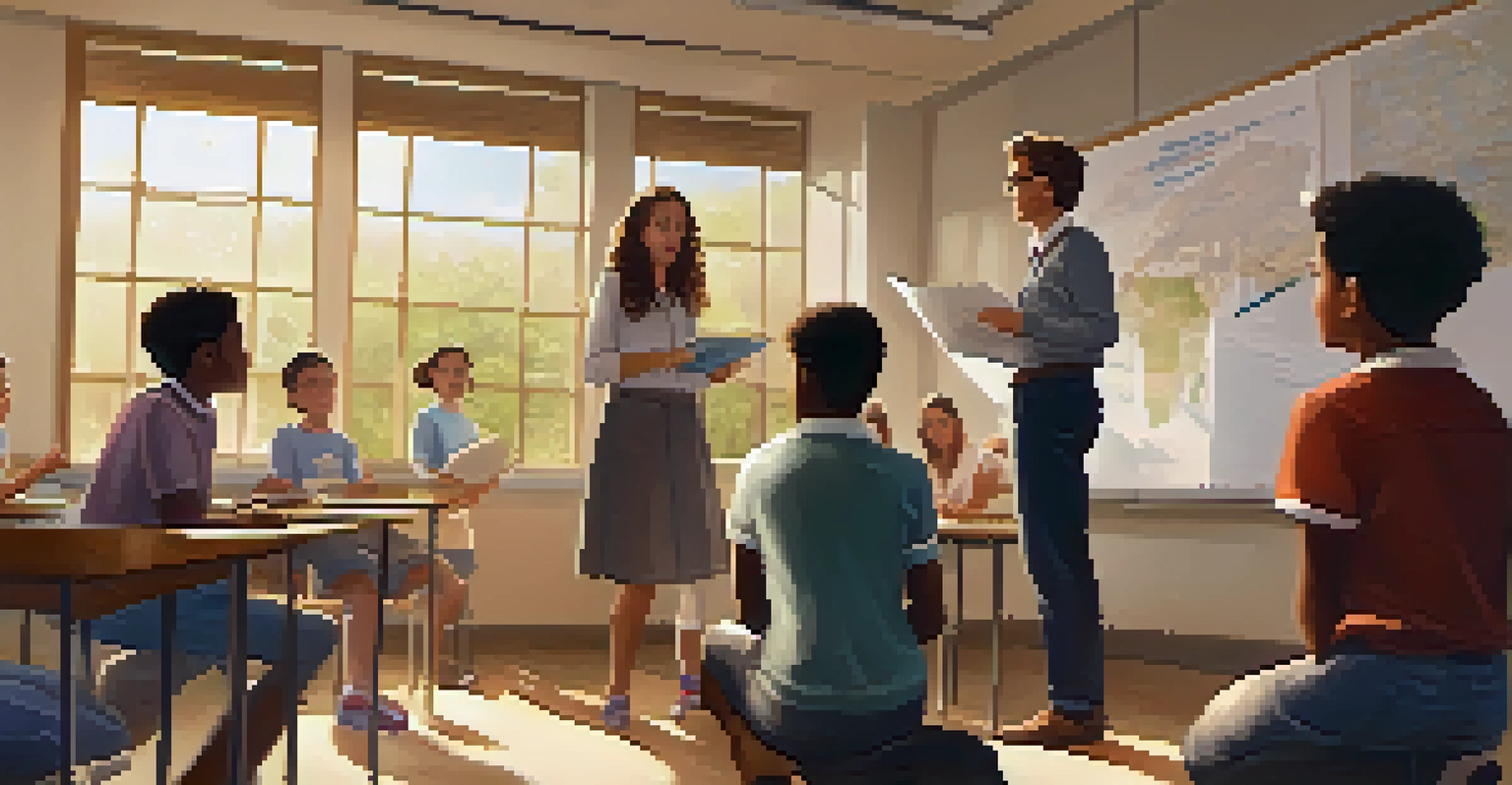 A teacher observing students collaborating in a classroom, with students actively discussing and sharing materials.