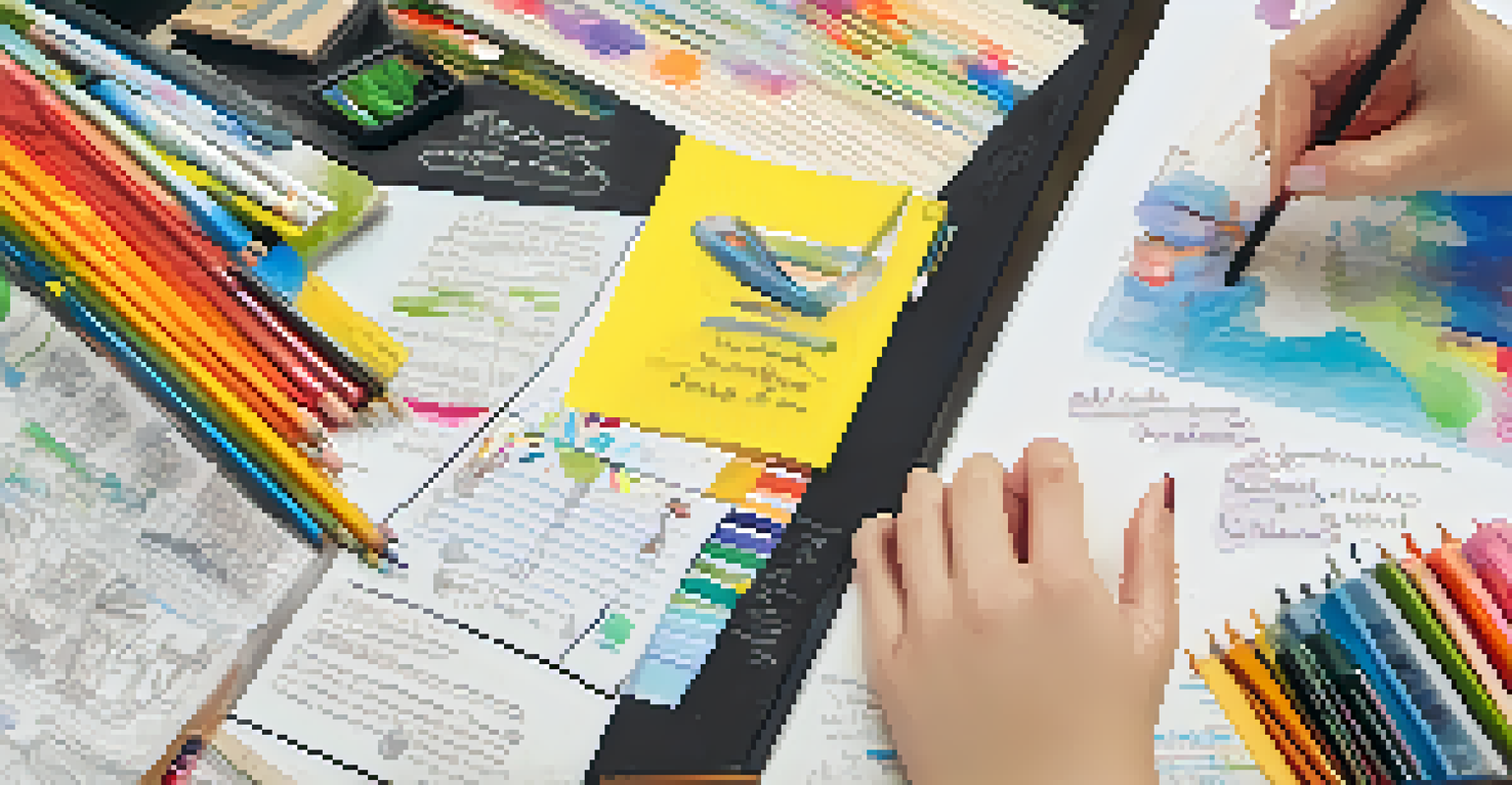 A close-up of a student's hands crafting a creative project with art supplies and feedback notes in the background.