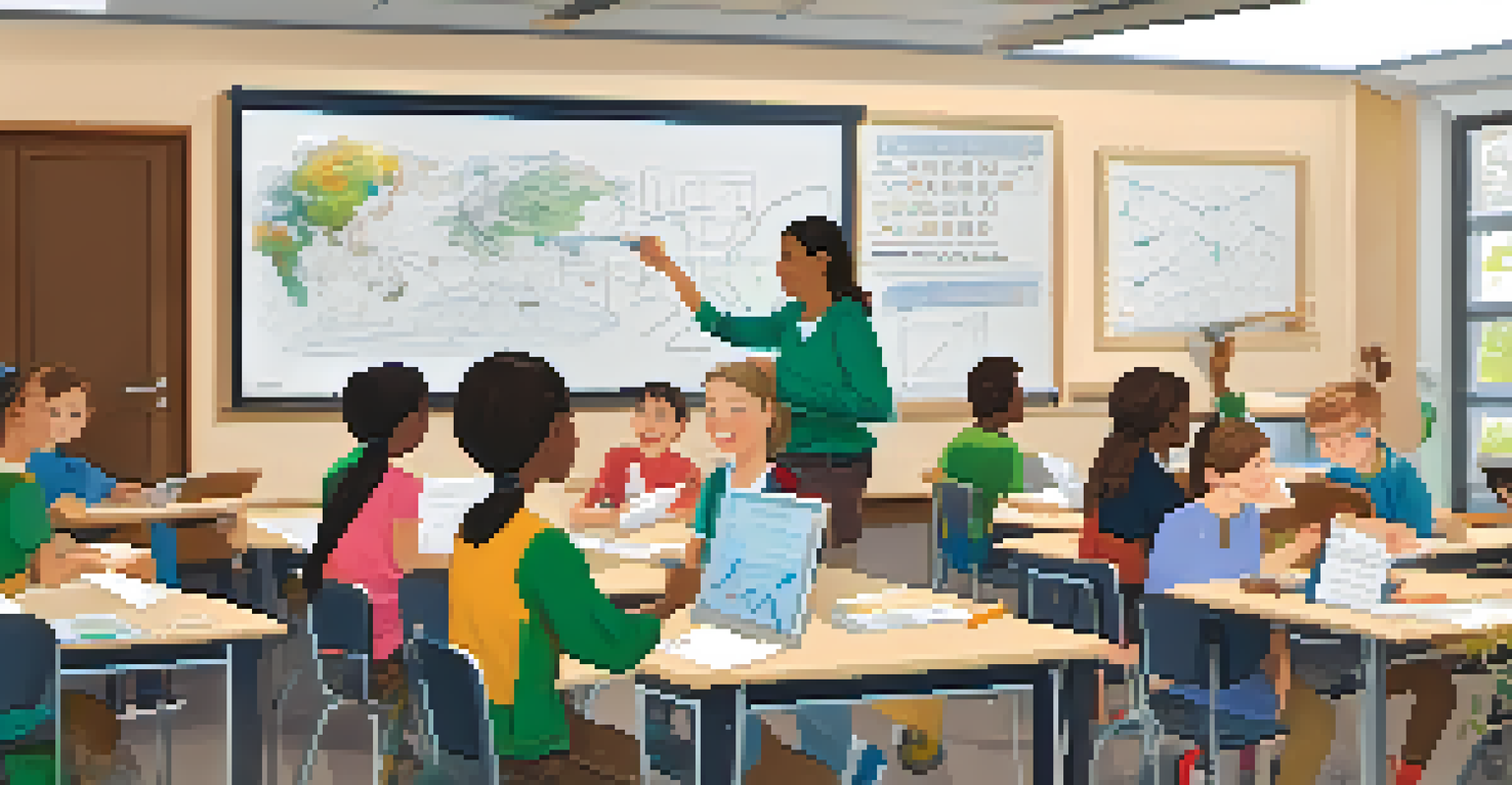 A teacher guiding students in a collaborative project in a vibrant classroom, with materials on the table and a chalkboard filled with diagrams.