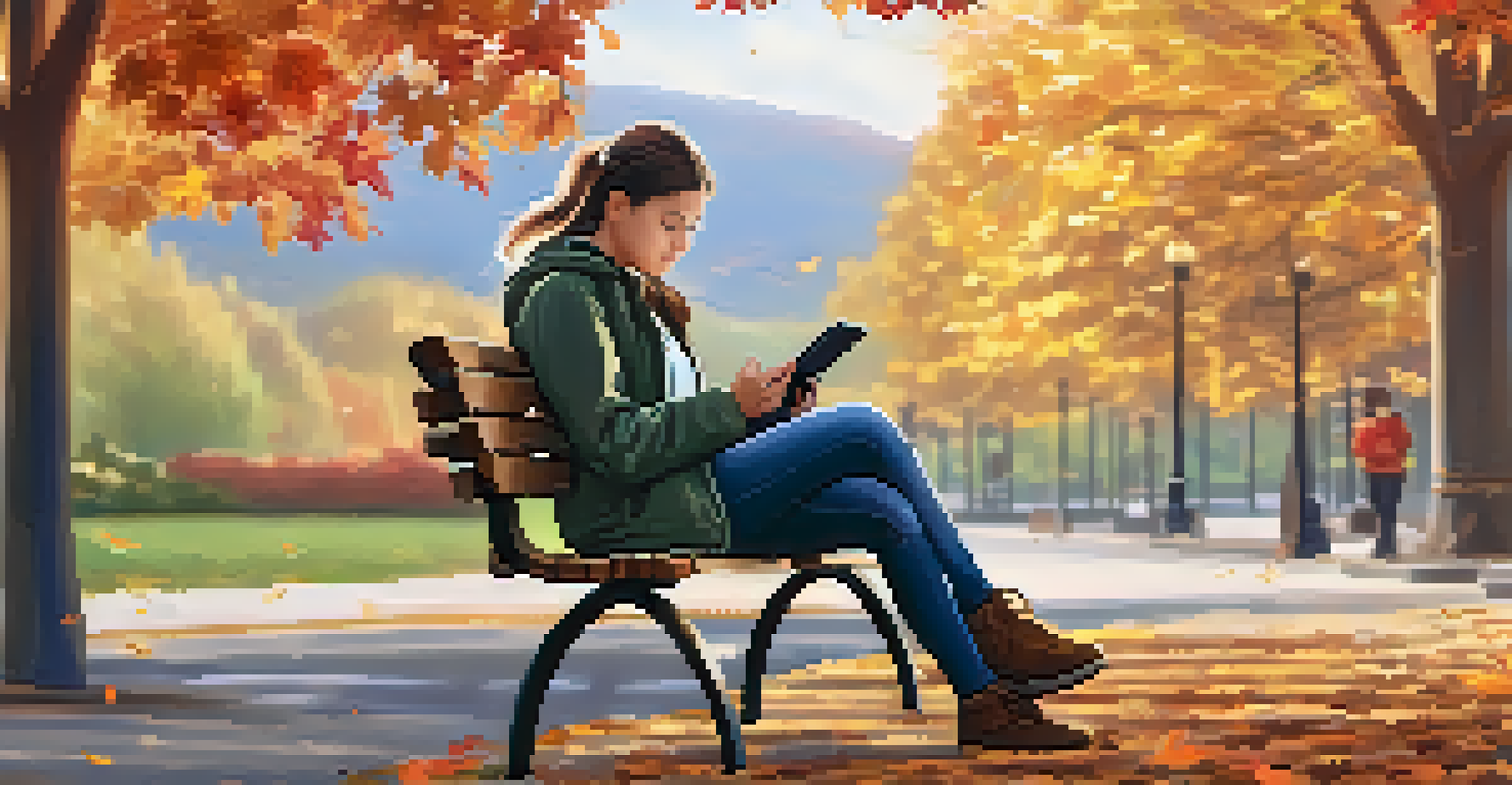 A person learning on a tablet while sitting on a park bench with colorful autumn foliage in the background.