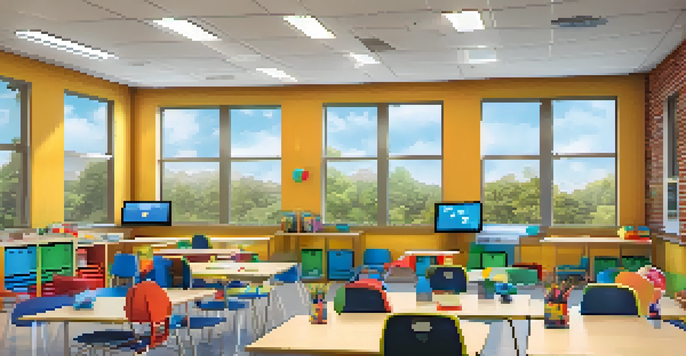 A vibrant classroom setting with students actively participating in learning activities using digital devices.