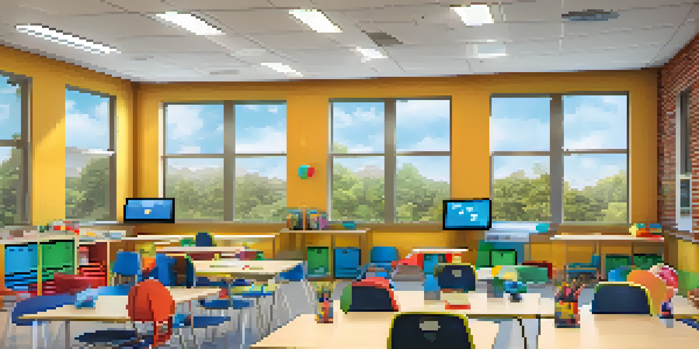 A vibrant classroom setting with students actively participating in learning activities using digital devices.