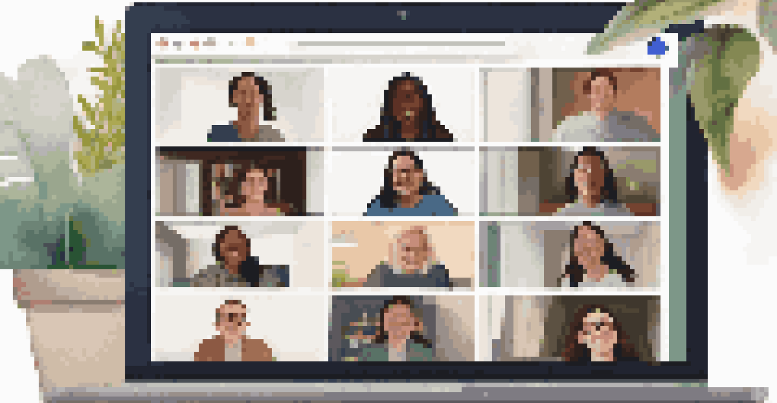 A laptop screen displaying an online alumni meeting with participants in a grid layout, set in a cozy home office.